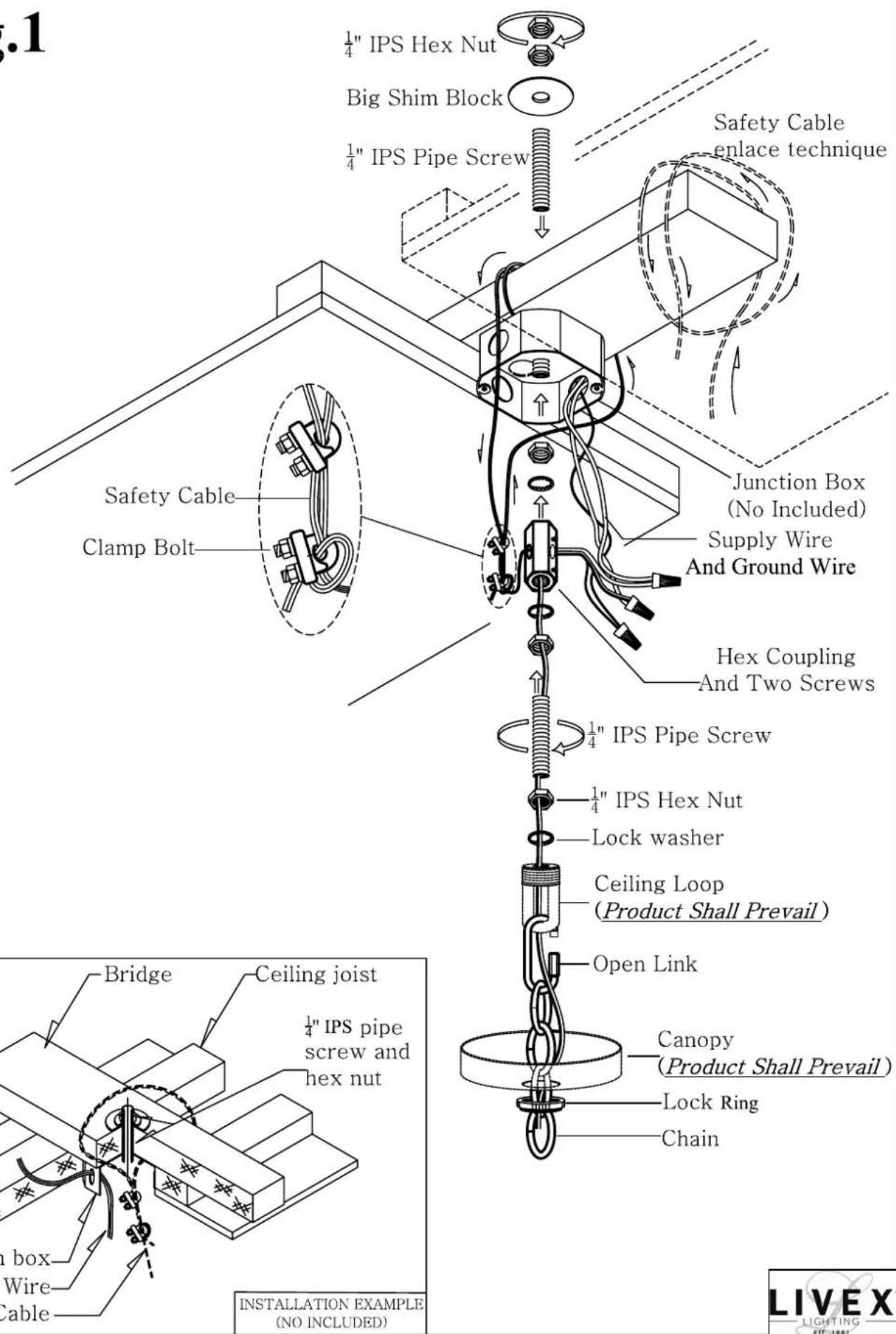 1/4" IPS Hex Nut Big Shim Block 1/4" IPS Pipe Screw Safety Cable enlace technique Junction Box (No Included) Supply Wire And Ground Wire Hexp Coupling And Two Screws 1/4" IPS Pipe Screw 1/4" IPS Hex Nut Lock washer Ceiling Loop (Product Shall Prevail) Open Link Canopy (Product Shall Prevail) Lock Ring Chain Bridge Ceiling joist 1/4" IPS pipe screw and hex nut in box Wire Cable INSTALLATION EXAMPLE (NO INCLUDED)