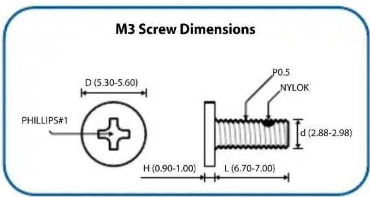M3 Screw Dimensions PHILLIPS#1 D (5.30-5.60) P0.5 NYLOK d (2.88-2.98) H (0.90-1.00) L (6.70-7.00)