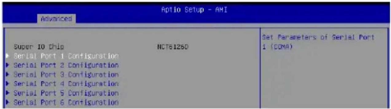 Aptio Setup - AMI Advanced Super 10 Chip NCT8126D ► Serial Port 1 Configuration ► Serial Port 2 Configuration ► Serial Port 3 Configuration ► Serial Port 4 Configuration ► Serial Port 5 Configuration ► Serial Port 6 Configuration Set Parameters of Serial Port 1 (COMA)