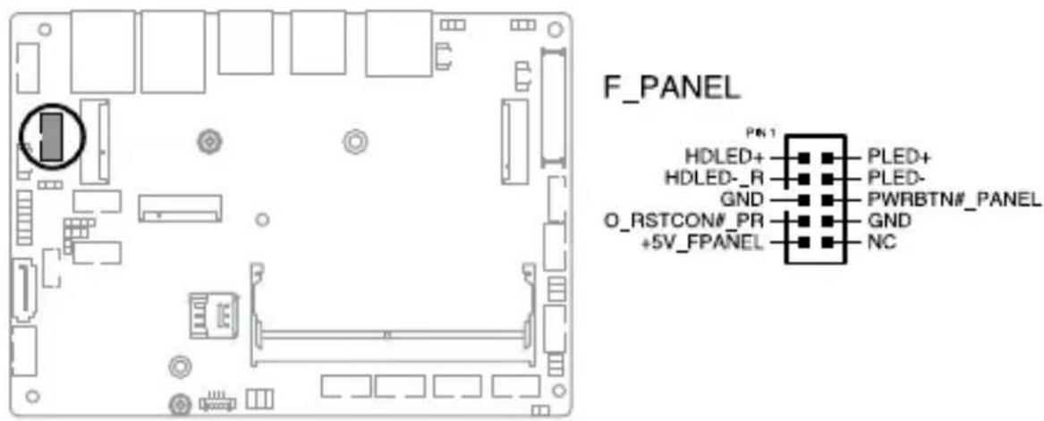 F_PANEL P#1 HDLED+ HDLED- R GND O_RSTCON#/PR +5V_FPANEL PLED+ PLED- PWRBTN#/ PANEL GND NC