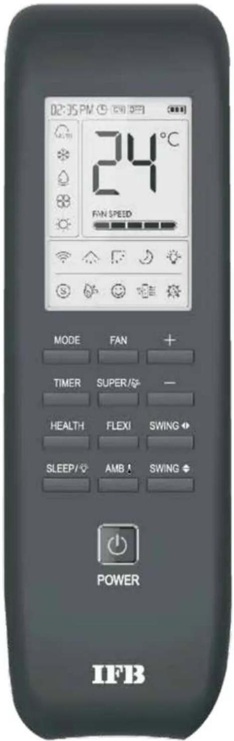 02:35 PM 24°C FAN SPEED MODE FAN + TIMER SUPER/- HEALTH FLEXI SWING SLEEP/ AMB ! SWING POWER IFB