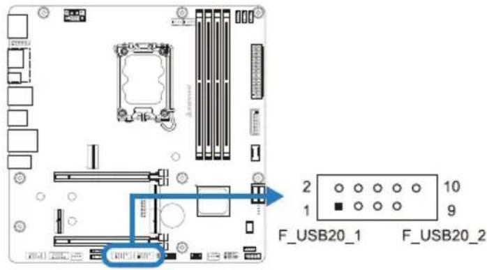 BIOSTAR B860M-SILVER - F\_USB20\_1/F\_USB20\_2: 前置面板 USB 2.0 接头 - 1