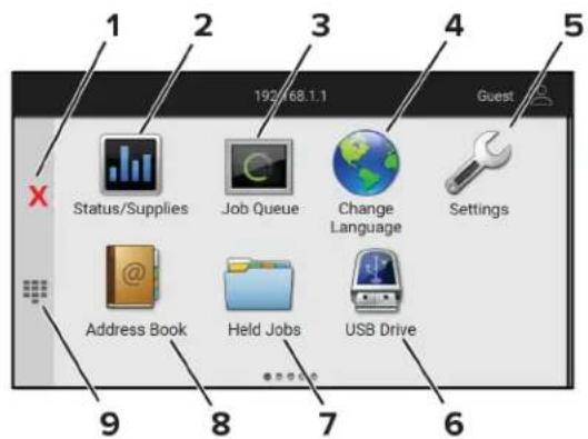 1 2 3 4 5 Status/Supplies Job Queue Change Language Settings Address Book Held Jobs USB Drive 6 7 8 9 192.68.1.1 Guest