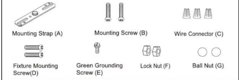 Mounting Strap (A) Mounting Screw (B) Wire Connector (C) Fixture Mounting Screw(D) Green Grounding Screw (E) Lock Nut (F) Ball Nut (G)