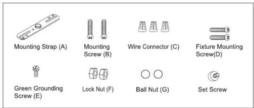 Mounting Strap (A) Mounting Screw (B) Wire Connector (C) Fixture Mounting Screw(D) Green Grounding Screw (E) Lock Nut (F) Ball Nut (G) Set Screw