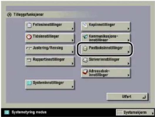 Tillegsfunksjener Fellesinnstillinger Tidsinnstillinger Justering/Rensing Rapportinnstillinger Systeminnstillinger Koplinnstillinger Kommunikasjons-innstillinger Pastboksinnstillinger Skriverinnstillinger Adrossebk-innstillinger Ulfurt Systemstyring modes Systemskjerm