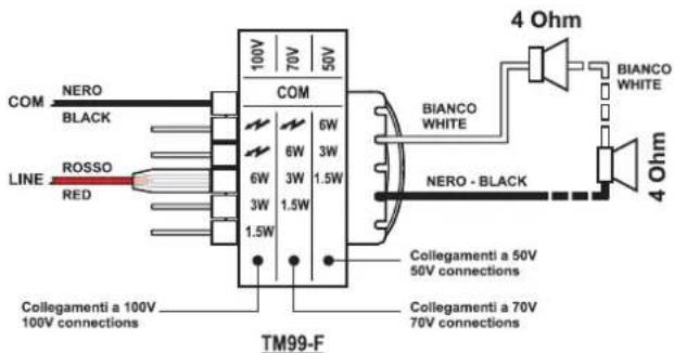 COM NERO BLACK LINE ROSSO RED 100V 70V 50V COM 6W 6W 3W 3W 1.5W 1.5W COLLEGamenti a 100V 100V connections TM99-F COLLEGamenti a 50V 50V connections COLLEGamenti a 70V 70V connections BIANCO WHITE NERO - BLACK 4 Ohm BIANCO WHITE 4 Ohm