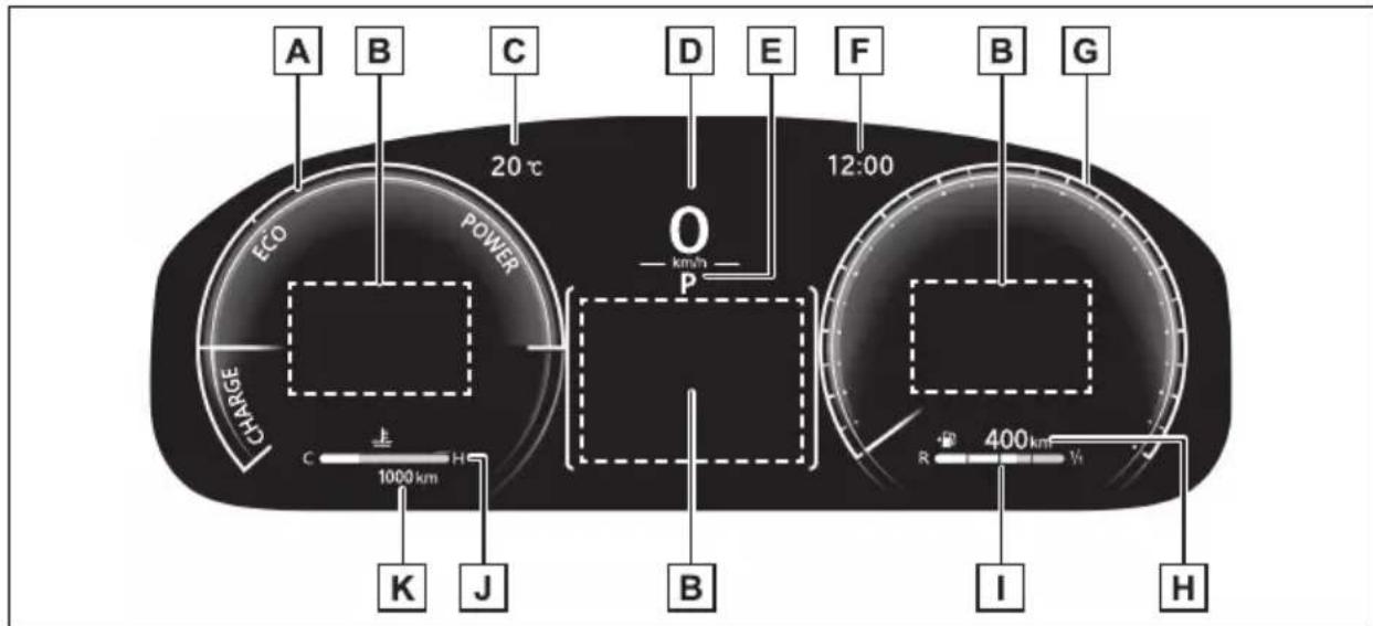 A B C D E F B G 20 °C 12:00 ECO POWER P CHARGE 1000 km H K J B I H 400 km/h