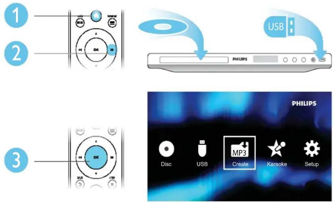1 2 3 PHILIPS USB PHILIPS Disc USB MP3 Create Karaoke Setup