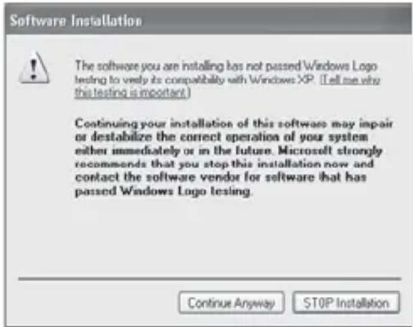 Software Installation The software you are installing has not passed Windows Logo testing to verify its compatibility with Windows XP. (Tell me why this testing is important) Continuing your installation of this software may impair or destabilize the correct operation of your system either immediate…