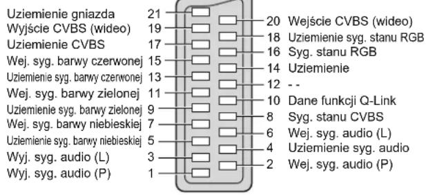 Uziemienie gniazda 21 Wyjście CVBS (wideo) 19 Uziemienie CVBS 17 Wej. syg. barwy czerwonej 15 Uziemienie syg. barwy czerwonej 13 Wej. syg. barwy zielonej 11 Uziemienie syg. barwy zielonej 9 Wej. syg. barwy niebieskiej 7 Uziemienie syg. barwy niebieskiej 5 Wyj. syg. audio (L) 3 Wyj. syg. audio (P) 1 20 Wejście CVBS (wideo) 18 Uziemienie syg. stanu RGB 16 Syg. stanu RGB 14 Uziemienie 12 -- 10 Dane funkcji Q-Link 8 Syg. stanu CVBS 6 Wej. syg. audio (L) 4 Uziemienie syg. audio 2 Wej. syg. audio (P)