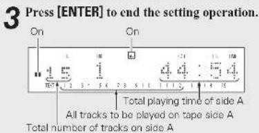 3 Press [ENTER] to end the setting operation. On On 15 1 44 54 Total playing time of side A All tracks to be played on tape side A Total number of tracks on side A