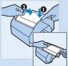 Diagram showing two steps of a printer or printer operation, labeled ① and ②, with arrows indicating process flow.