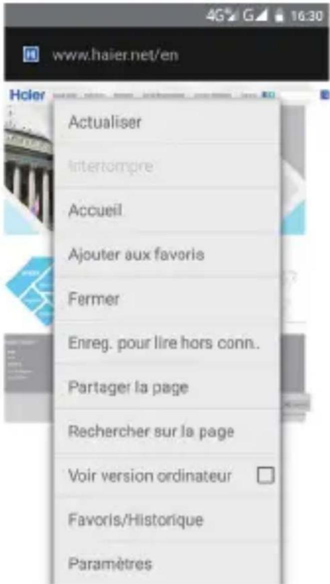 www.haier.net/en Actualiser Intertembre Accueil Ajouter aux favors Fermer Enreg. pour lire hors conn. Partager la page Rechercher sur la page Voir version ordinateur Favoris/Historique Paramètres