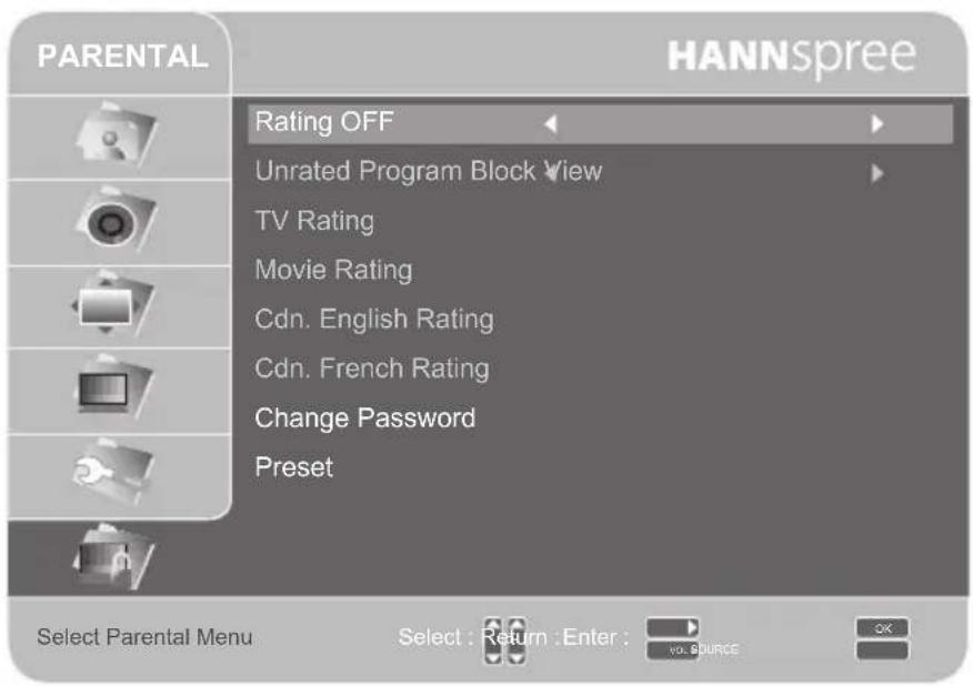 PARENTAL HANNSpree Rating OFF Unrated Program Block View TV Rating Movie Rating Cdn. English Rating Cdn. French Rating Change Password Preset Select Parental Menu Select : Return : Enter : vol SOURCE OK