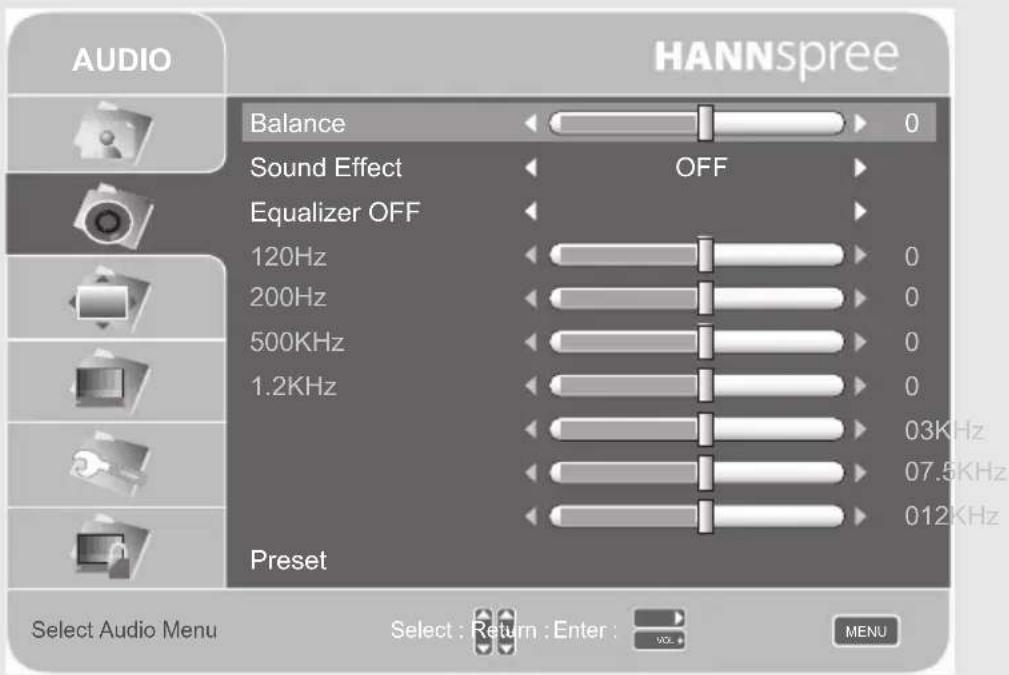 AUDIO HANNSpree Balance 0 Sound Effect OFF Equalizer OFF 120Hz 0 200Hz 0 500KHz 0 1.2KHz 03KHz 07.5KHz 012KHz Preset Select Audio Menu Select : Return : Enter : MENU