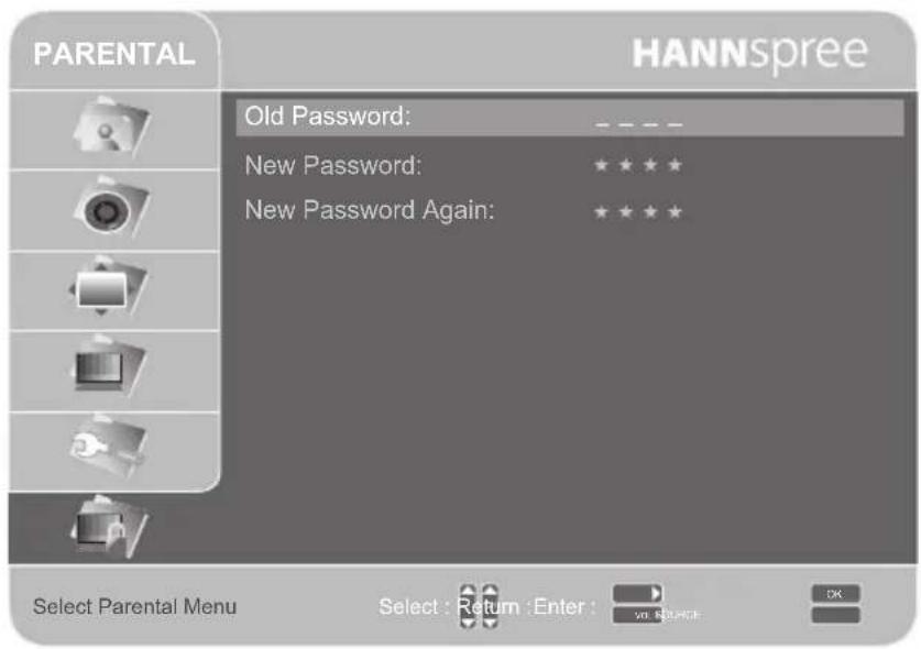 PARENTAL HANNSpree Old Password: ****** New Password: ★★★★ New Password Again: ★★★★ Select Parental Menu Select : Return : Enter : OK vns REDUCE