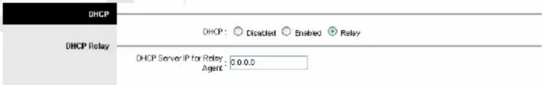 DHCP DHCP Relay DHCP : Disabled Enabled Relay DHCP Server IP for Relay : 0.0.0.0 Agent:
