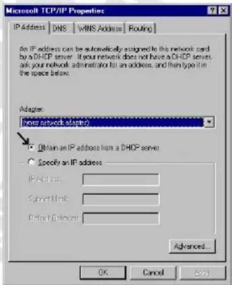 Microsoft TCP/IP Properties IP Address DNS WINS Address Routing An IP address can be automatically assigned to this network card by a DHCP server. If your network does not have a DHCP server, ask your network administrator for an address, and then type it in the space below. Adapter: Your network adapter? Obtain an IP address from a DHCP server Specify an IP address IP address: Submit link: Default connection: Advanced... OK Cancel Help