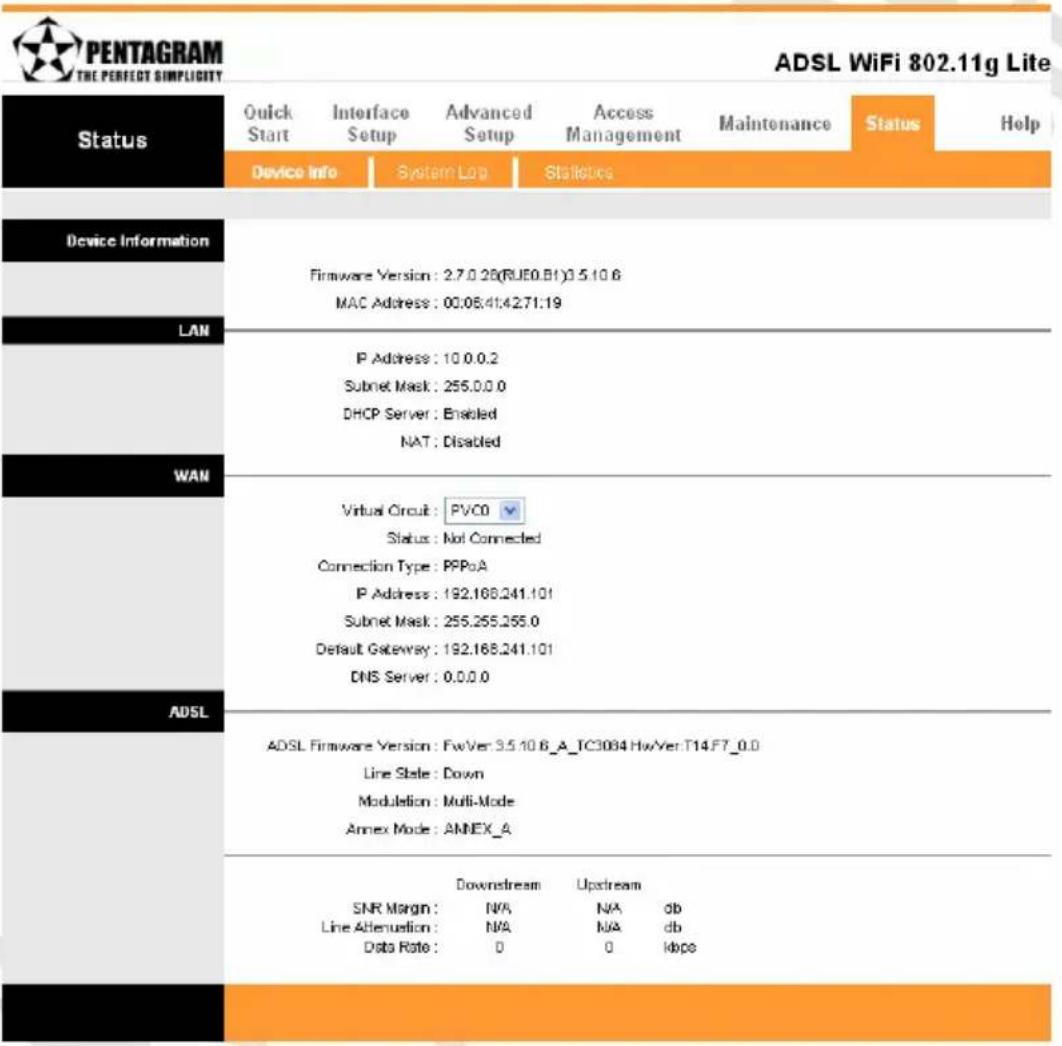 Pentagram Cerberus ADSL Wi-Fi Lite - Device Info - 1