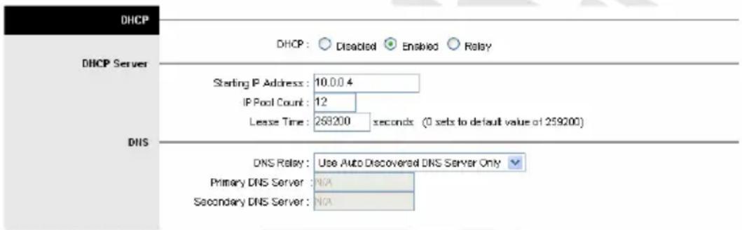 DHCP DHCP Server Starting IP Address: 10.0.0.4 IP Pool Count: 12 Lease Time: 268200 seconds (0 sets to default value of 259200) DNS DNS Relay: Use Auto Discovered DNS Server Only Primary DNS Server: N/A Secondary DNS Server: N/A