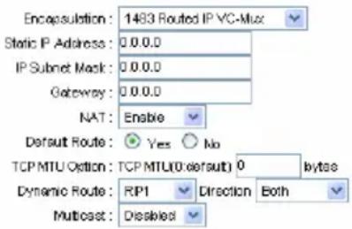 Encapsulation: 1483 Routed IP VC-Mux Static IP Address: 0.0.0.0 IP Subnet Mask: 0.0.0.0 Gateway: 0.0.0.0 NAT: Enable Default Route: Yes No TCP MTU Option: TCP MTU(0 default) 0 bytes Dynamic Route: RPI Direction Both Multicast: Displaced
