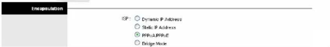 Encapsulation ISP: ○ Dynamic IP Address ○ Static IP Address ● PPPoA/PPoE ○ Bridge Mode