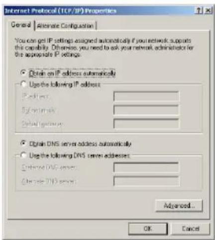 Internet Protocol (TCP/IP) Properties General | Alternate Configuration | You can get IP settings assigned automatically if your network supports this capability. Otherwise, you need to ask your network administration for the appropriate IP settings. Obtain on IP address automatically Use the following IP address: Default System mask Default gateway: Obtain DNS server address automatically Use the following DNS server addresses: Default DNS server: Change DNS server: Advanced... OK Cancel