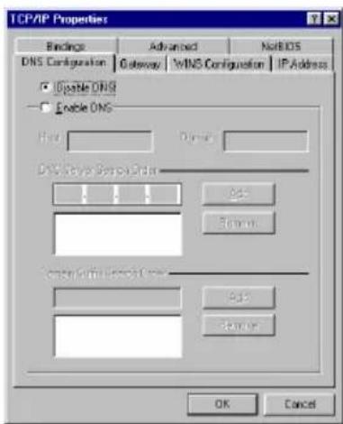 TCP/IP Properties Bindings Advanced Not BIDS DNS Configuration Gateway WINS Configuration IP Address Enable DNS Enable DNS Host Dias DNS Server Description Add Remove Cancel Cancel OK Cancel