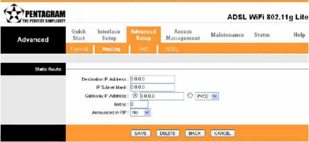 PENTAGRAM THE PERFECT SIMPLICITY ADSL WiFi 802.11g Lite Advanced Quick Start Interface Setup Advanced Setup Access Management Maintenance Status Help Firewall Routing NAT ADSL Static Route Destination P Address: 0.0.0.0 IP Subnet Mask: 0.0.0.0 Gateway P Address: 0.0.0.0 Metric: 0 Announced in RIP: No PVCJ SAVE DELETE BACK CANCEL