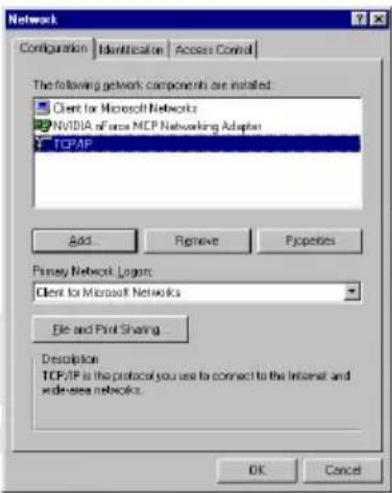 Network Configuration Identification Access Control The following network components are installed: □ Client for Microsoft Networks ■ NVIDIA of force MCP Networking Adapter □ TCP/IP Add Remove Properties Primary Network Logins Client for Microsoft Networks File and Print Sharing Description TCP/IP is the protocol you use to connect to the Internet and wide-see networks. OK Cancel