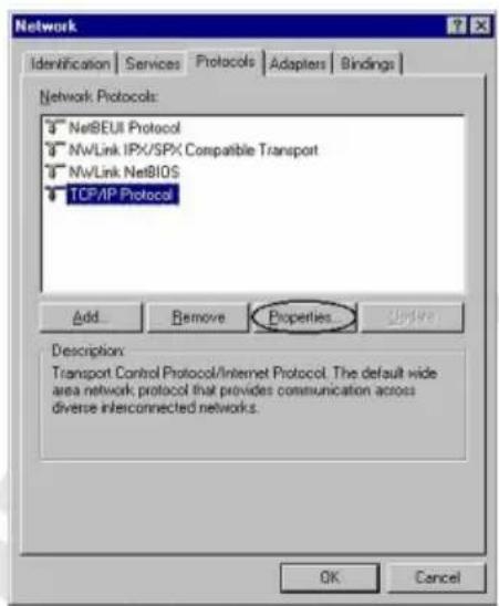 Network Identification Services Protocols Adapters Bindings Network Protocols: NetBEUI Protocol NVLink IPX/SPX Compatible Transport NVLink NetBIOS TCP/IP Protocol Add Remove Properties Description: Transport Control Protocol/Internet Protocol. The default wide area network protocol that provides communication across diverse interconnected networks. OK Cancel