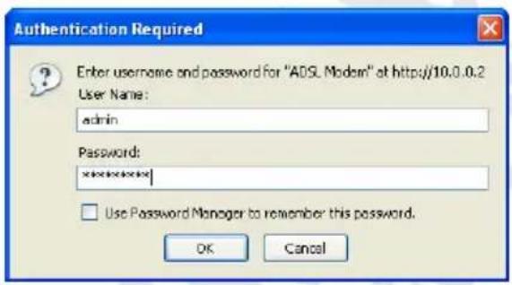 Authentication Required Enter username and password for "ADSL Modem" at http://10.0.0.2 User Name: admin Password: ****** Use Password Manager to remember this password. OK Cancel