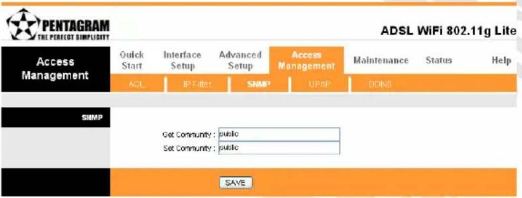 PENTAGRAM THE PERFECT SIMPLICITY ADSL WiFi 802.11g Lite Access Management Quick Start Interface Setup Advanced Setup Access Management Maintenance Status Help ACL IP Filter SNMP UPnP DONB SHMP Get Community: public Set Community: public SAVE