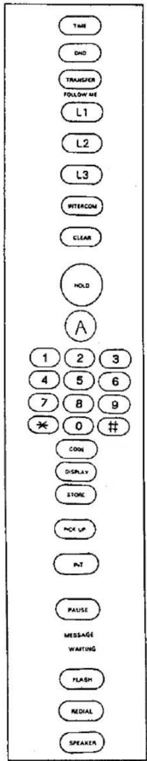 TIME DND TRANSFER FOLLOW ARE L1 L2 L3 INTERCOM CLEAR HOLD A 1 2 3 4 5 6 7 8 9 * 0 # COGN DISPLAY STORE PCK UP PJT PAUSE MESSAGE WAITING FLASH REDIAL SPEAKER
