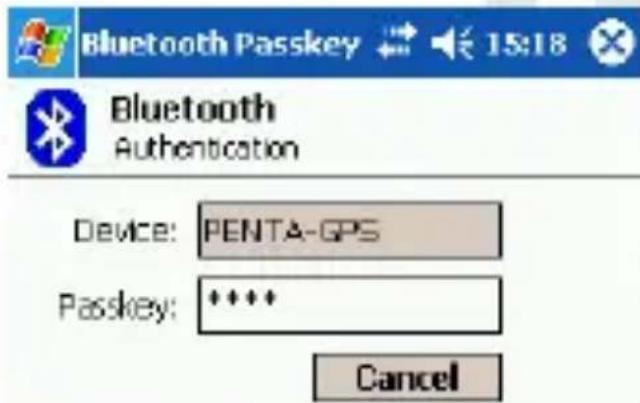 Bluetooth Passkey 15:18 Bluetooth Authentication Device: PENTA-GPS Passkey: ***** Cancel