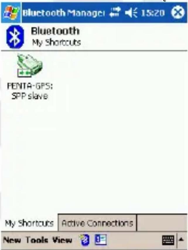 Bluetooth Manager 15:20 Bluetooth My Shortcuts PENTA-GPS: SPP slave My Shortcuts Active Connections New Tools View