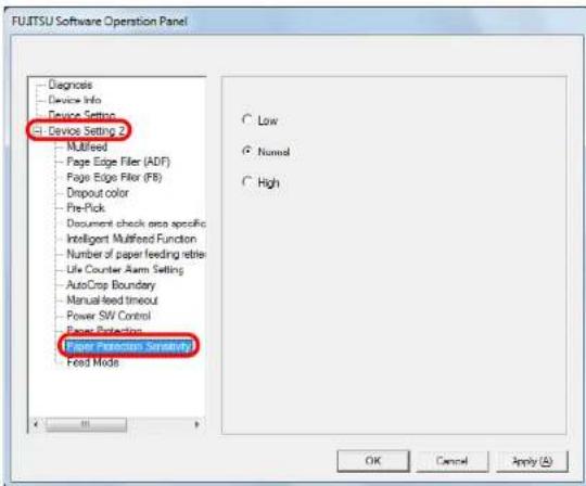 FUJITSU Software Operation Panel - Diagnosis - Device Info Device Setting - Device Setting 2 - Multifed - Page Edge Filter (ADF) - Page Edge Filter (FB) - Dropout color - Pre-Pick - Document check area specific - Intelligent Multifed Function - Number of paper feeding retailers - Life Counter Alarm Setting - AutoCrop Boundary - Manual feed timeout - Power SW Control Paper Protection Sensitivity Feed Mode ○ Low ● Normal ○ High OK Cancel Apply (A)