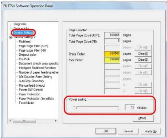 FUJITSU Software Operation Panel Diagnosis Device Info Device Setting Device Setting 2 Multifeed Page Edge Filter (ADF) Page Edge Filter (FB) Dropout color Pre-Pick Document check area specific Intelligent Multifeed Function Number of paper feeding reliable Life Counter Alarm Setting AutoCrop Boundary Manual-feed timeout Power SW Control Paper Protection Paper Protection Sensitivity Feed Mode Page Counter: Total Page Count(ADF): 500065 pages Total Page Count(FB): 5 pages Brake Roller: 200000 pages Clear(1) Pick Roller: 198000 pages Clear(2) pages Clear(3) pages Clear(4) pages Clear(5) pages Clear(6) pages Clear(7) Power saving: - 15 minutes OK Cancel Apply (A)