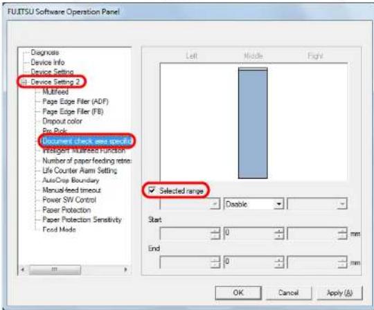 FUJITSU Software Operation Panel Diagnose Device Info Device Setting Device Setting 2 Multifed Page Edge Filter (ADF) Page Edge Filter (FB) Dropout color Ero Pick Document check and specific Intelligent Multifed Function Number of paper feeding retina Life Counter Alarm Setting AutoCrop Boundary Manual feed timeout Power SW Control Paper Protection Paper Protection Sensitivity Food Mode Selected range Disable Start 0 mm End 0 mm OK Cancel Apply (A)