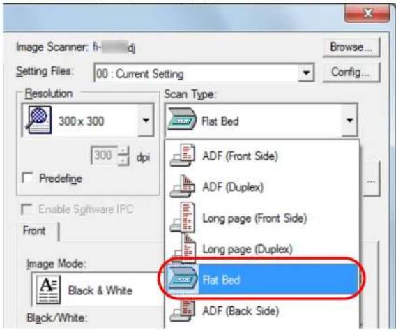 Image Scanner: fi- dj Setting Files: 00 : Current Setting Browse... Config... Resolution 300 x 300 300 dpi Predefine Enable Software IPC Front Image Mode: Black & White Black/White: Scan Type: Flat Bed ADF (Front Side) ADF (Duplex) Long page (Front Side) Long page (Duplex) Flat Bed ADF (Back Side)