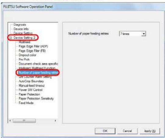 FUJITSU Software Operation Panel Diagnosis Device Info Device Setting Device Setting 2 Multifeed Page Edge Filer (ADF) Page Edge Filer (FB) Dropout color Pre-Pick Document check area specific Intralent Multifeed Function Number of paper feeding red Life Counter Alarm Setting AutoCrop Boundary Manual-feed timeout Power SW Control Paper Protection Paper Protection Sensitivity Feed Mode Number of paper feeding retires 7 times OK Cancel Apply (A)