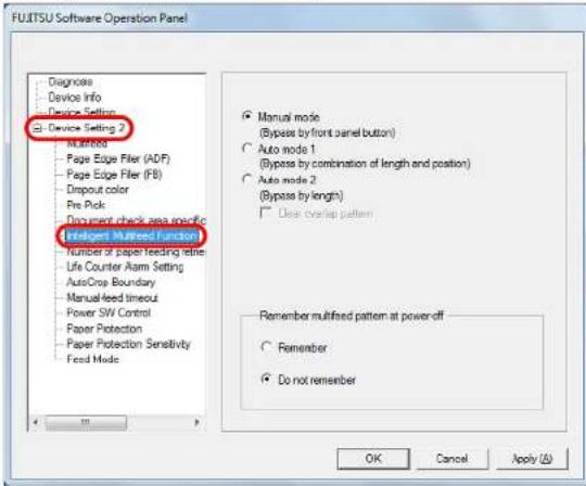 FUJITSU Software Operation Panel Diagnosis Device Info Device Settings Device Setting 2 Manual mode Page Edge Filer (ADF) Page Edge Filer (FB) Dropout color Pre Pick Document check sea specific Intelligent Multifed Function Number of paper feeding retin Life Counter Alarm Setting AutoCrop Boundary Manual feed timeout Power SW Control Paper Protection Paper Protection Sensitivity Feed Mode Manual mode (Bypass by front panel button) Auto mode 1 (Bypass by combination of length and position) Auto mode 2 (Bypass by length) Clear overlap pattern Remember multifed pattern at power-off Remember Do not remember OK Cancel Apply (A)