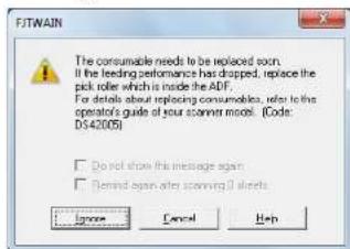 FITMAIN The consumable needs to be replaced soon. If the feeding performance has dropped, replace the pick roller which is inside the ADF. For details about replacing consumables, refer to the operator's guide of your screen mode. (Code: D542005) Do not show this message again Behind again also scanning 0 sheets Ignore Cancel Help