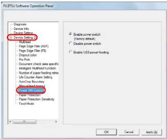 FUJITSU Software Operation Panel - Diagnosis - Device Info Device Settings - Device Setting 2 - Multifed - Page Edge Filer (ADF) - Page Edge Filer (FB) - Dropout color - Prc Pick - Document check area specific - Intelligent Multifed Function - Number of paper feeding ratios - Life Counter Alarm Setting - AutoCrop Boundary Manual feed strength Power SW Control Paper Protection Paper Protection Sensitivity Food Mode Enable power switch (Factory default) Disable power switch Enable USB power feeding OK Cancel Apply (A)