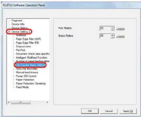 FUITSU Software Operation Panel Diagnoses Device Info Device Settings Device Setting 2 Multihead Page Edge Filer (ADF) Page Edge Filer (FB) Dropout color Pre-Pick Document check area specific Intelligent Multihead Function Number of new feed-in series Life Counter Alarm Settings AutoStop Boundary Manual feed timeout Power SW Control Paper Protection Paper Protection Sensitivity Feed Mode Pick Rollers 20 x10000 Brake Rollers 20 x10000 OK Cancel Apply (A)