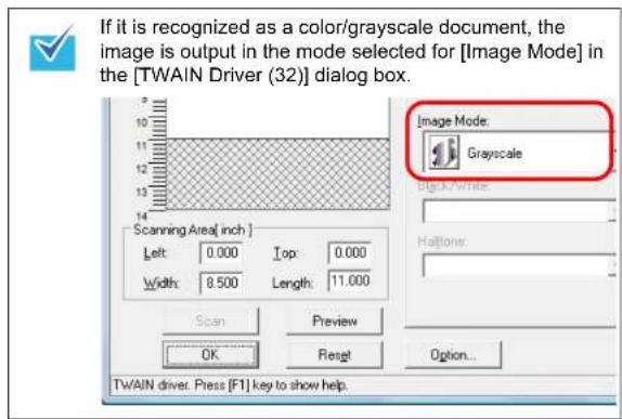 If it is recognized as a color/grayscale document, the image is output in the mode selected for [Image Mode] in the [TWAIN Driver (32)] dialog box. Image Mode: Grayscale Black/White Scanning Area[ inch ] Left: 0.000 Top: 0.000 Width: 8.500 Length: 11.000 Scan Preview OK Reset Option... TWAIN driver. Press [F1] key to show help.