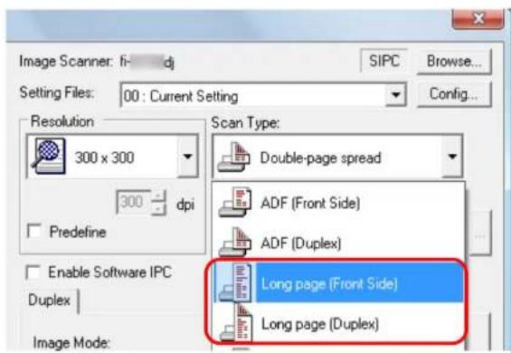 Image Scanner: fi- dj SIPC Browse... Setting Files: 00 : Current Setting Config... Resolution 300 x 300 Scan Type: Double-page spread 300 dpi Predefine Enable Software IPC Duplex Image Mode: ADF (Front Side) ADF (Duplex) Long page (Front Side) Long page (Duplex)
