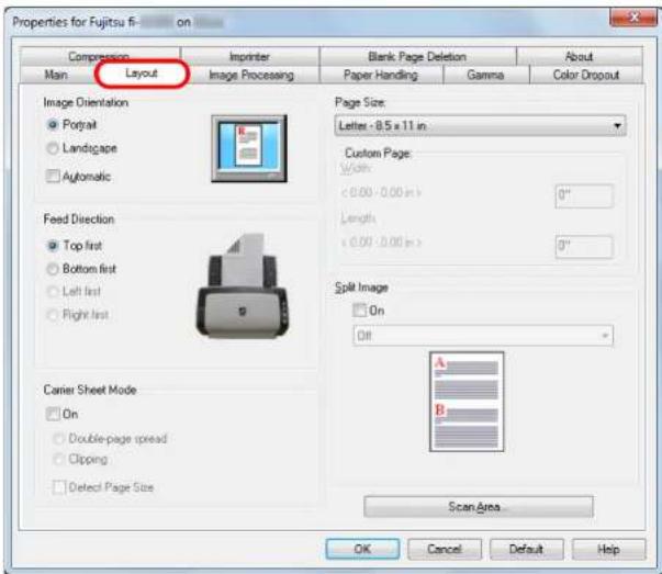 Properties for Fujitsu fi- on Compression Main Layout Imprinter Image Processing Blank Page Deletion Paper Handling Gamma About Color Dropout Page Size: Letter - 8.5 x 11 in Custom Page: Width: < 0.00 : 0.00 in > 0" Length: < 0.00 : 0.00 in > 0" Split Image On Off Carrier Sheet Mode On Double-page spread Clipping Detect Page Size Scan Area... OK Cancel Default Help