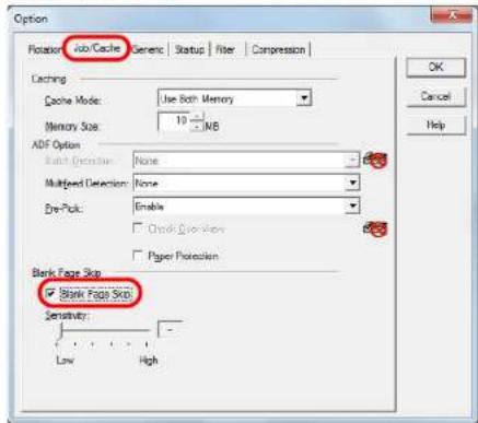 Option AIF Cache Generic | Status | Filter | Compression | Caching Cache Mode: Use Both Memory Memory Size 10 INB ADF Option Batch Detection: None Multihead Detection: None Pre-Pick: Enable ✓ Credit Options ✓ Paper Protection Blank Page Stop ✓ Blank Page Stop Sensitivity: Low High OK Cancel Help